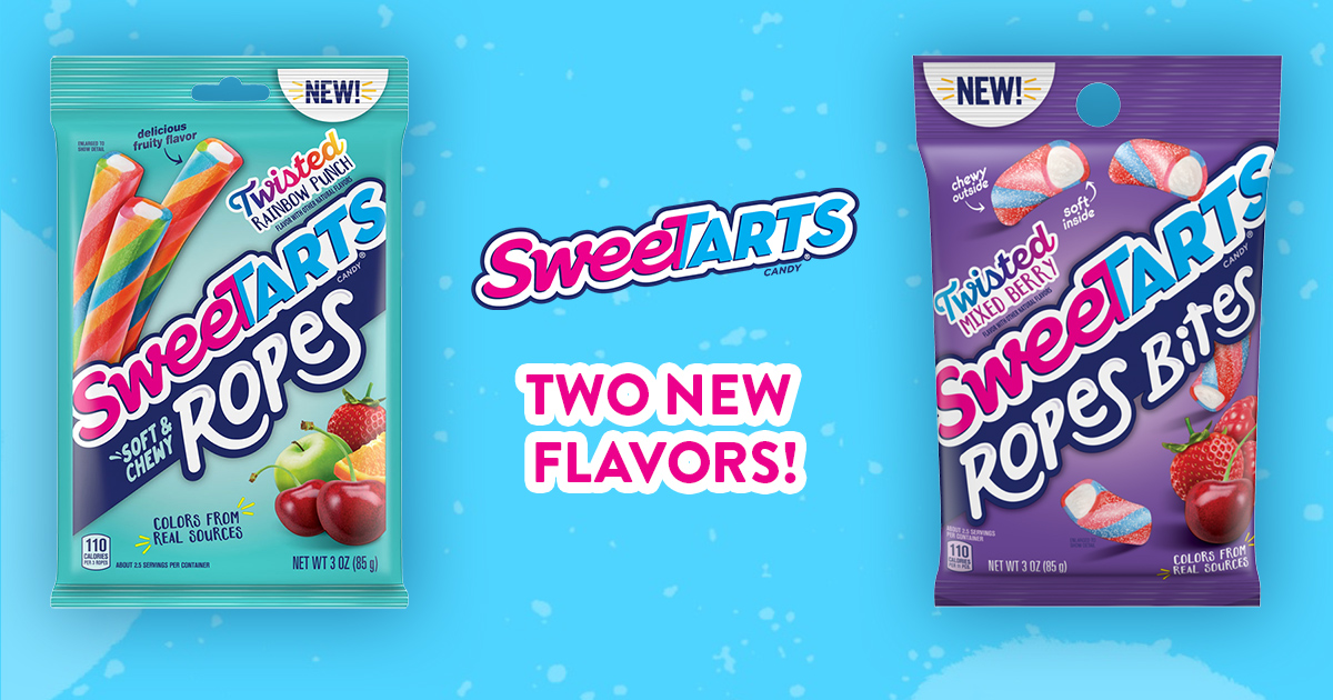 SweeTARTS is expanding its Soft & Chewy Ropes candy line with Twisted Rainbow Punch Ropes and Twisted Mixed Berry Ropes Bites